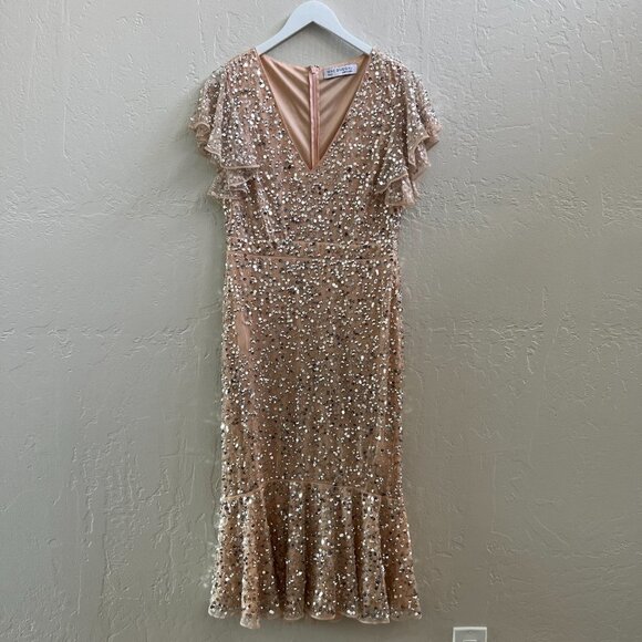 Mac Duggal Sequin Flutter Sleeve Ruffle Midi Dress - Picture 4 of 9